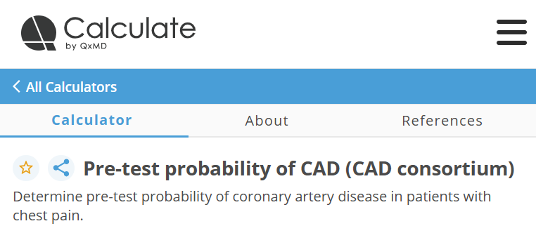 Online calculator to calculate pretest probability for CAD using the CAD Consortium cohort.