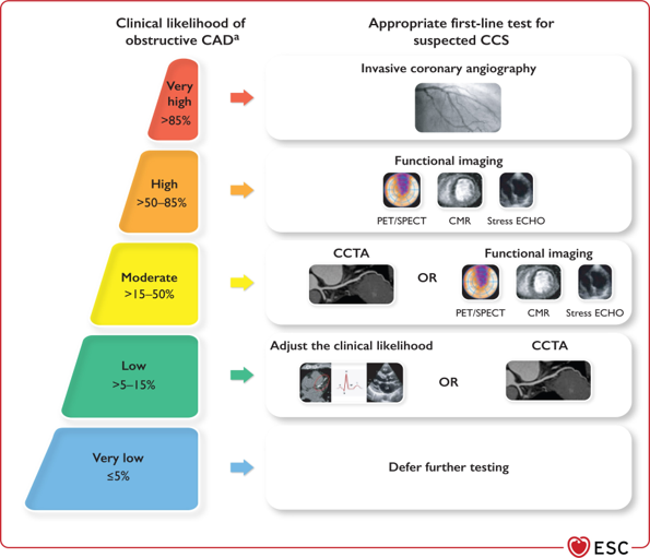 European Society of Cardiology (ESC) 2024 guidelines of first-line testing in symptomatic individuals with suspected chronic coronary syndrome.