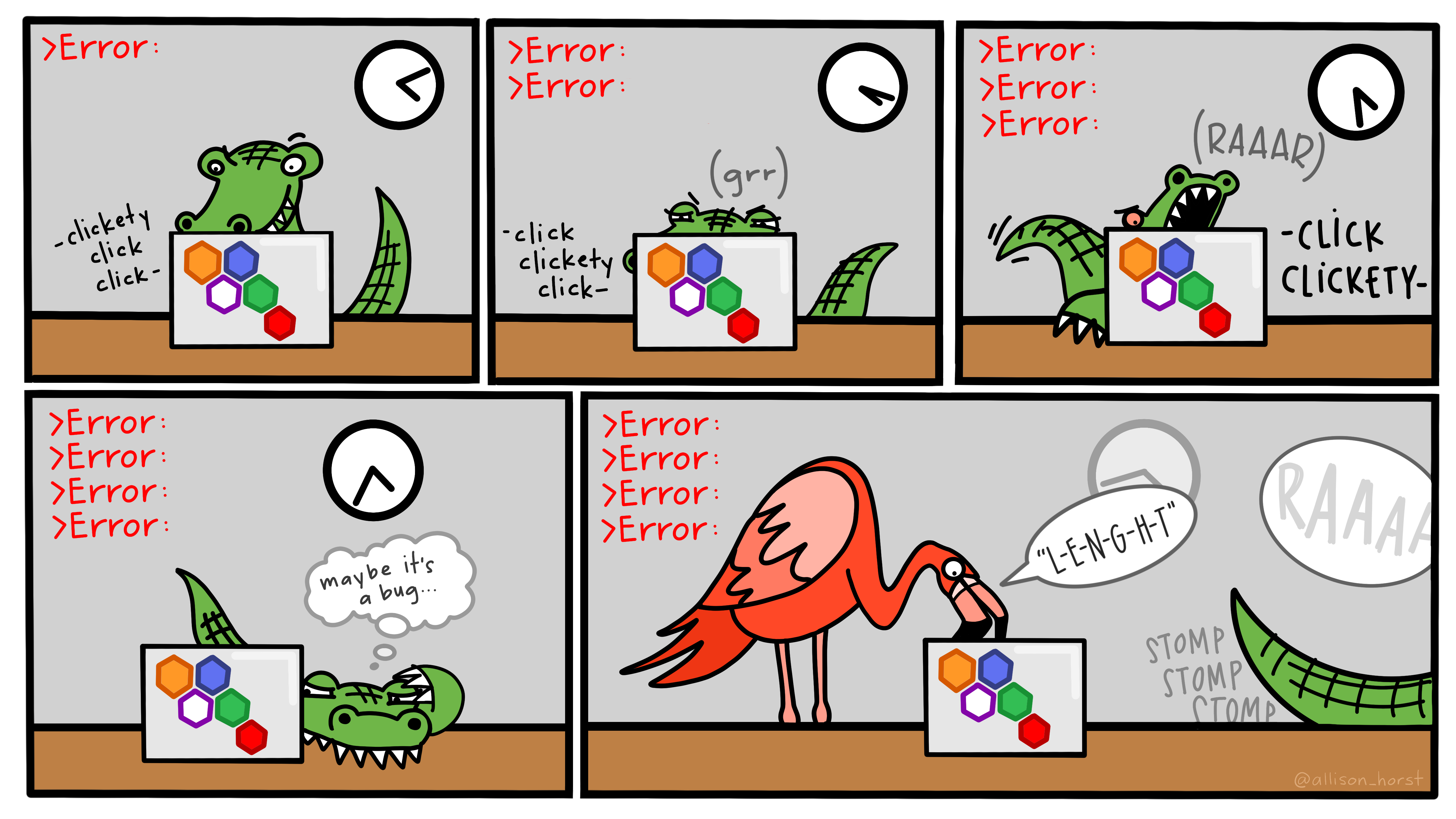 A comic showing a Crocodile programmer getting angry that because he does not know the error was caused by a spelling mistake until a Flamingo programmer steps in to help.