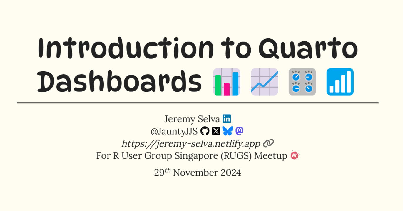 Title slide of Introduction to Quarto Dashboards presented at R User Group Singapore Meetup on November 2024.