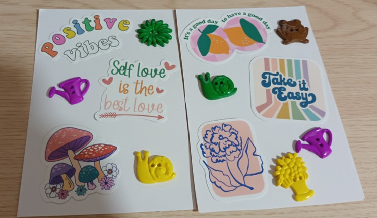 Picture of cards showing the need to have self love, take it easy and to have positive vibes.