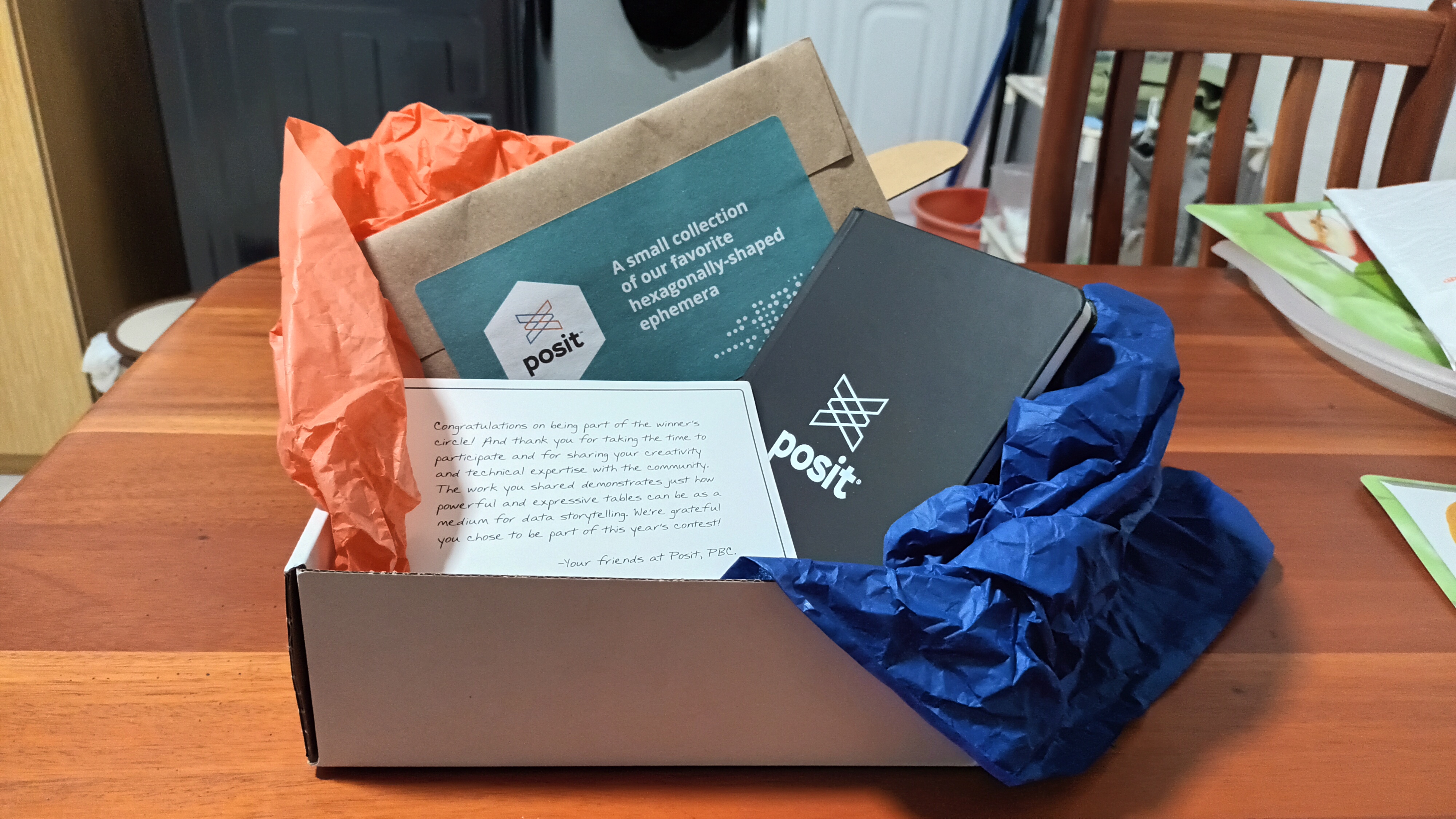 Prizes received from the Posit 2025 table contest.