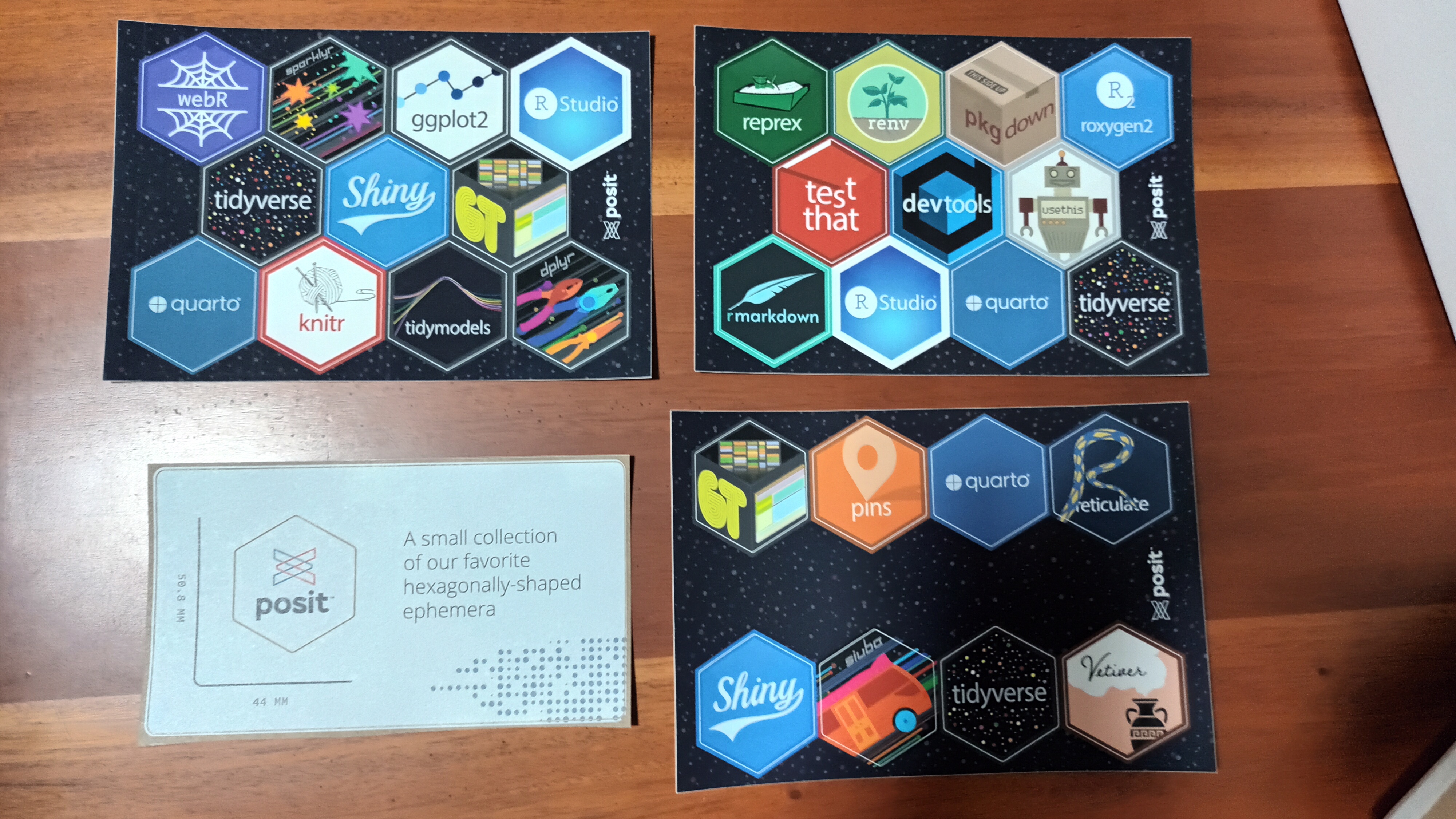 Hex stickers received from the Posit 2025 table contest.