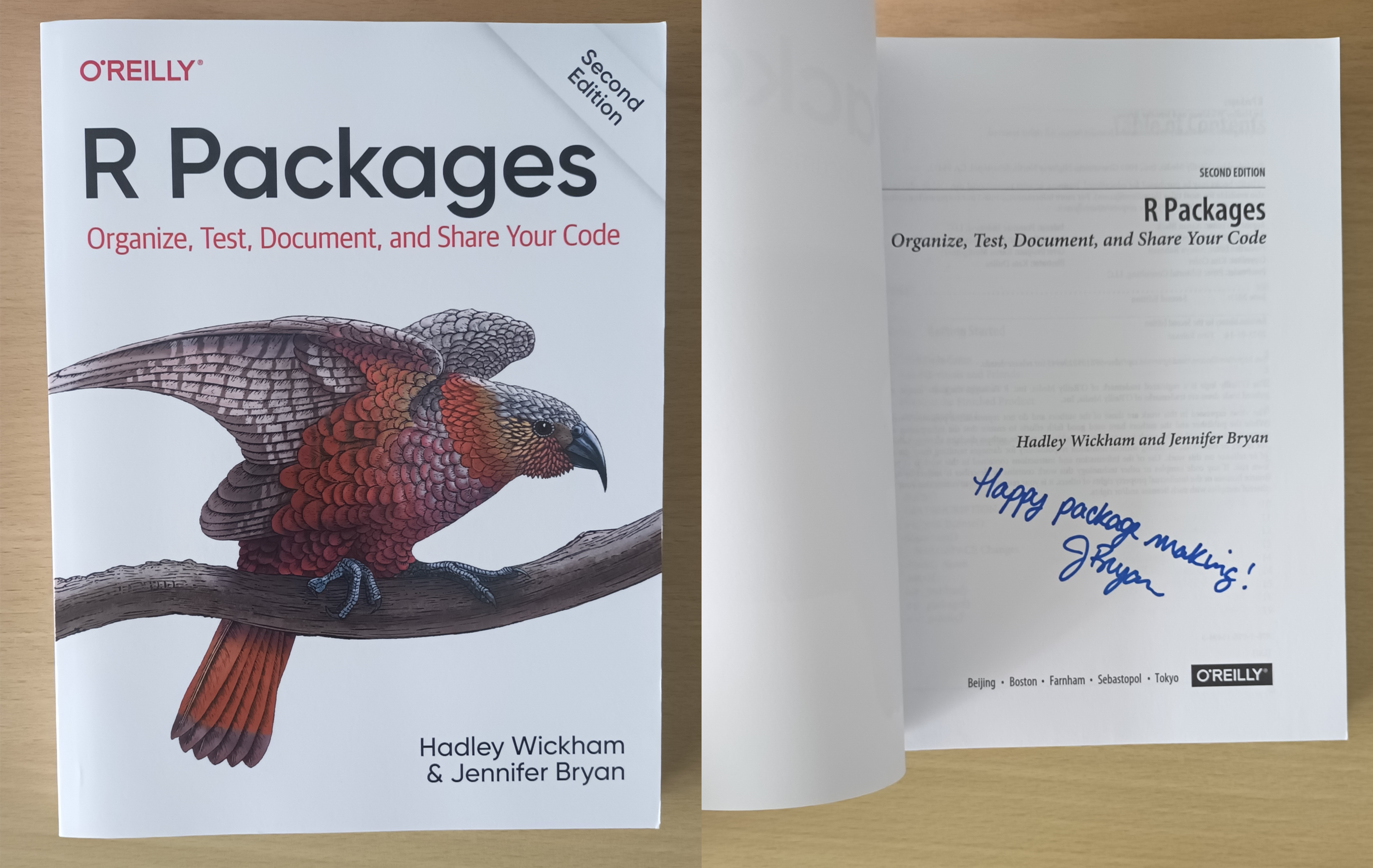 Picture of an autographed book titled R Packages by that I have won during a lucky draw in the useR! 2025 conference.