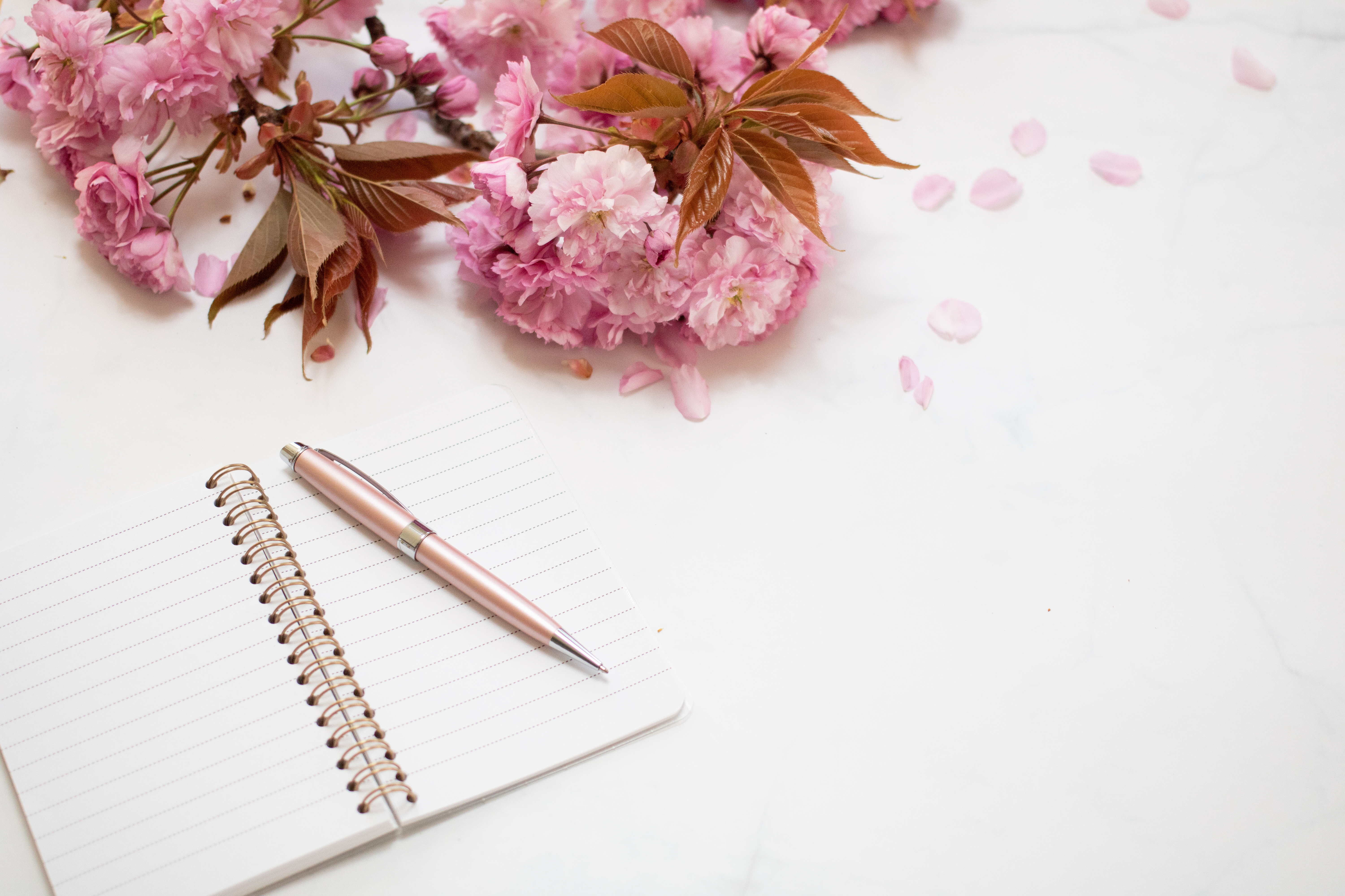 A notebook with a pink pen near flowers.