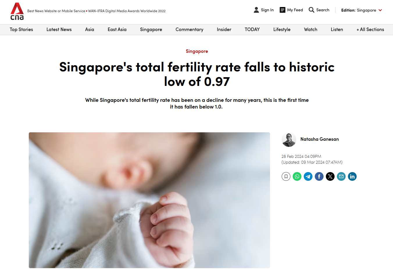 Channel News Asia news headline: Singapore's total fertility rate falls to historic low of 0.97