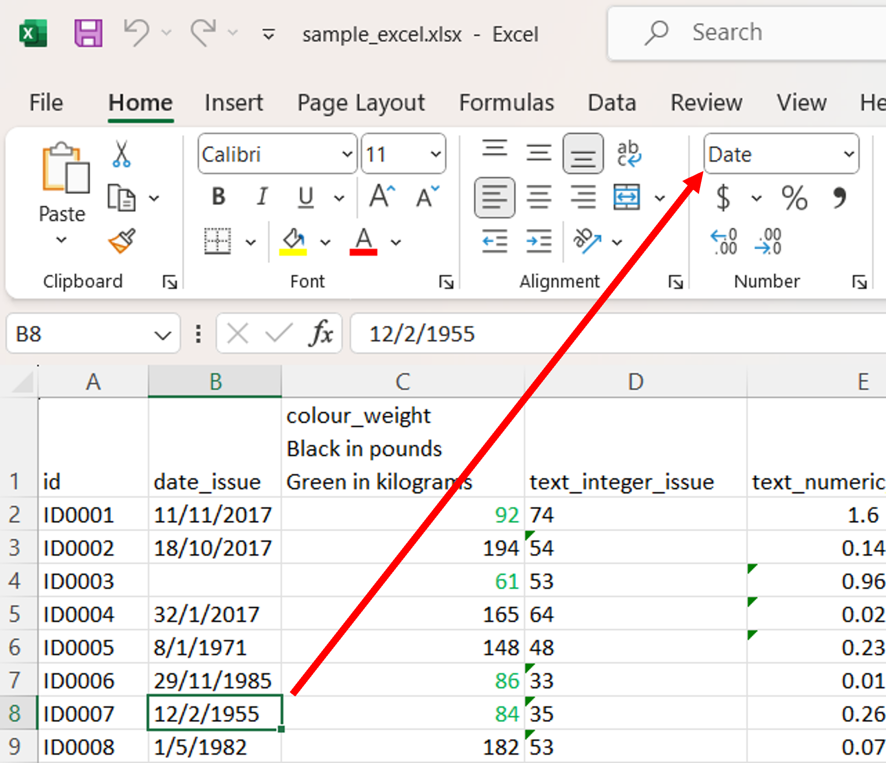 A column named date_issue with some Excel cells formatted as Date.