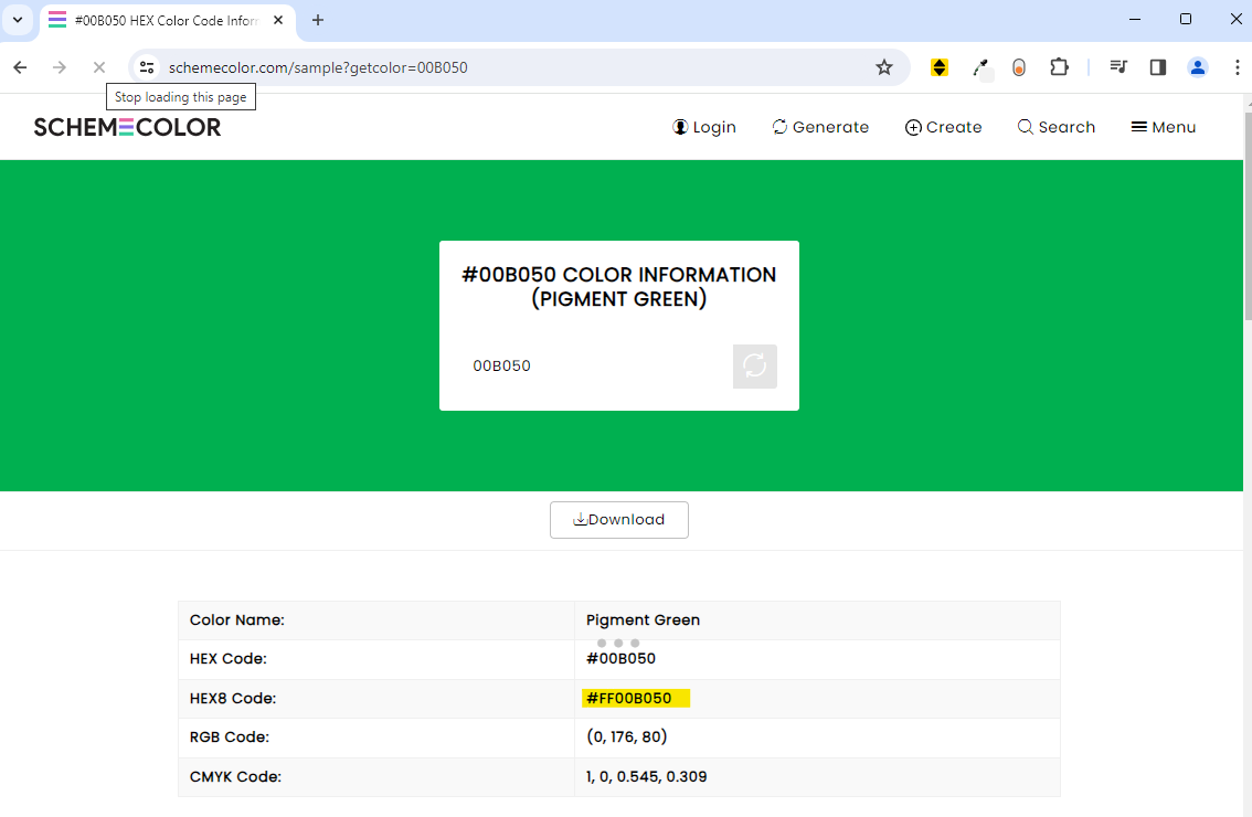 Figure showing how to get the Hex8 code from www.schemecolor.com.