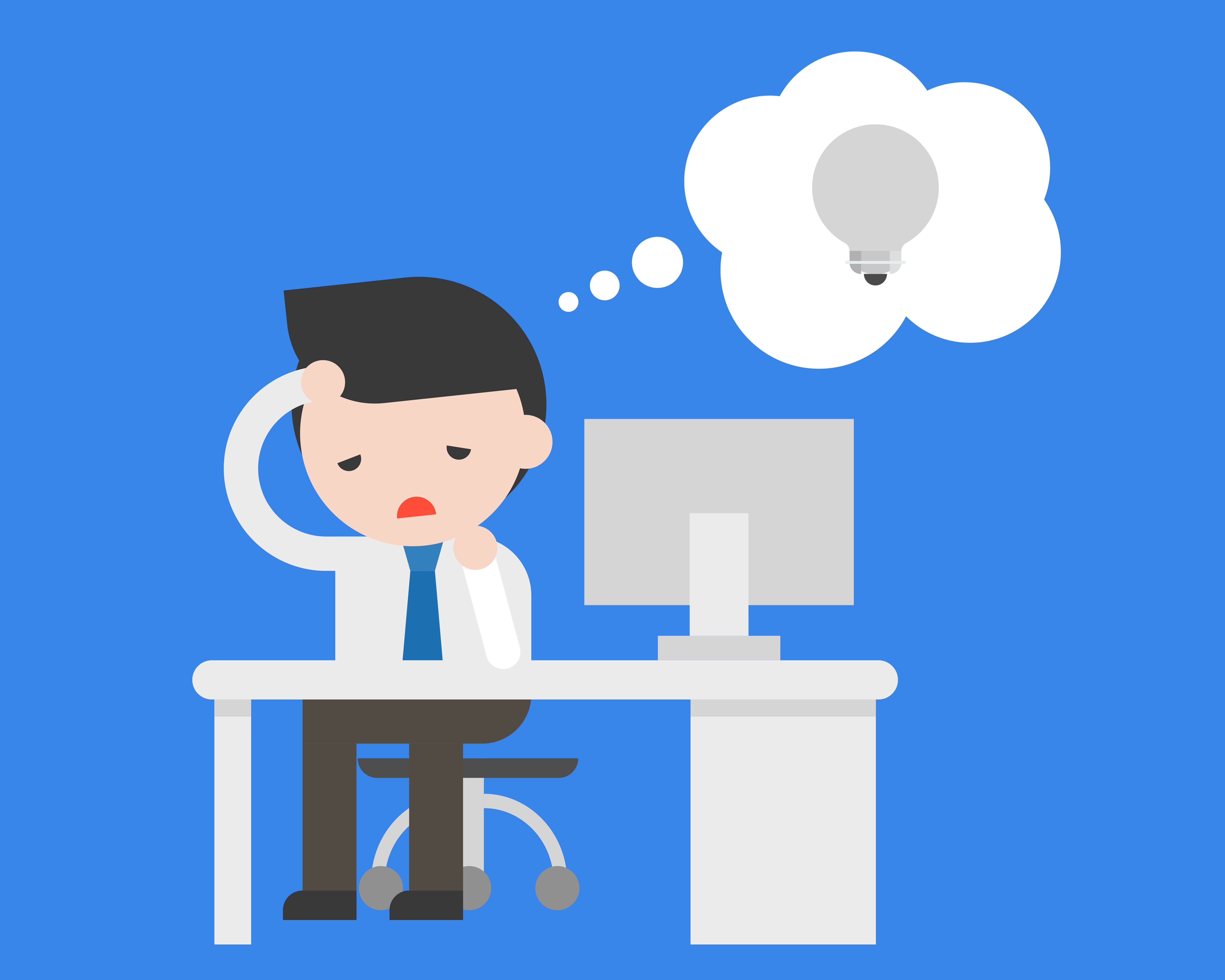 Image of a businessman sitting at office and feeling dull because lack of idea.