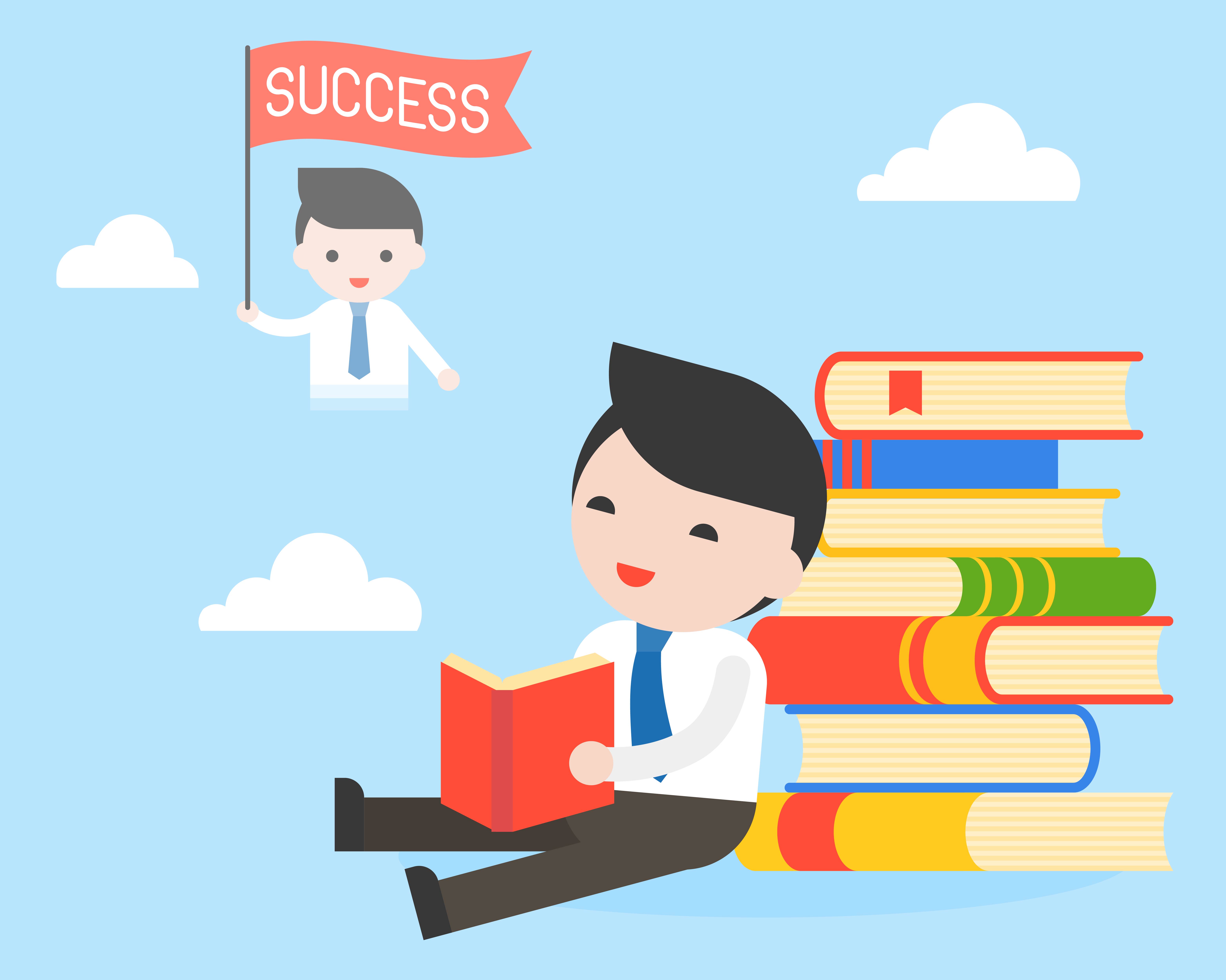 Image of a businessman sitting at stack of books, read a book and dreaming about success.