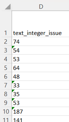 Image showing 54 and 33 in cells D3 and D7 respectively as text.