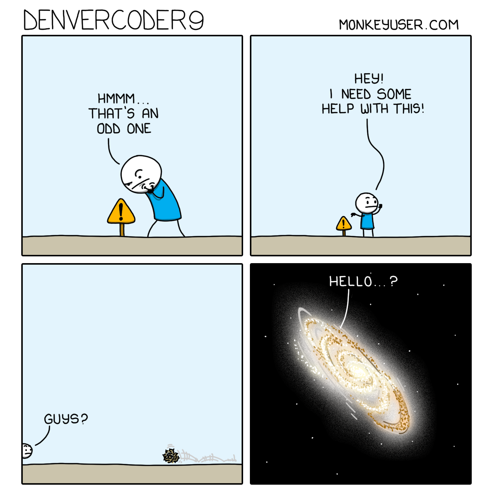 Comic from Monkeyuser.com showing that it is hard to get help with programming issues.