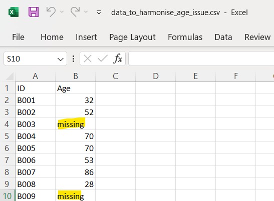 A csv file with text data in the Age column.