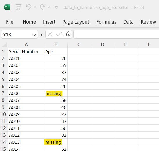 An Excel file with text data in the Age column.