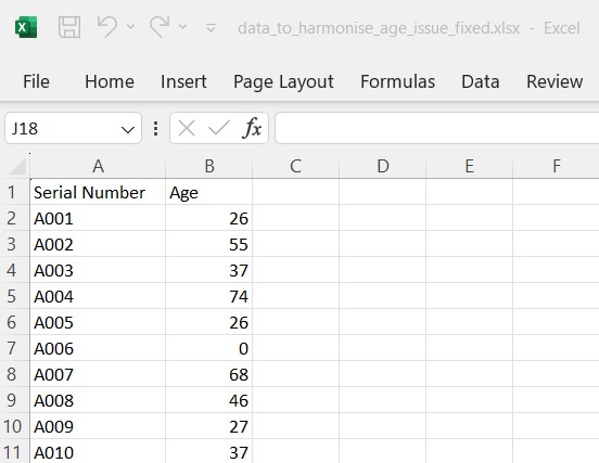 An Excel file with numeric data in the Age column.