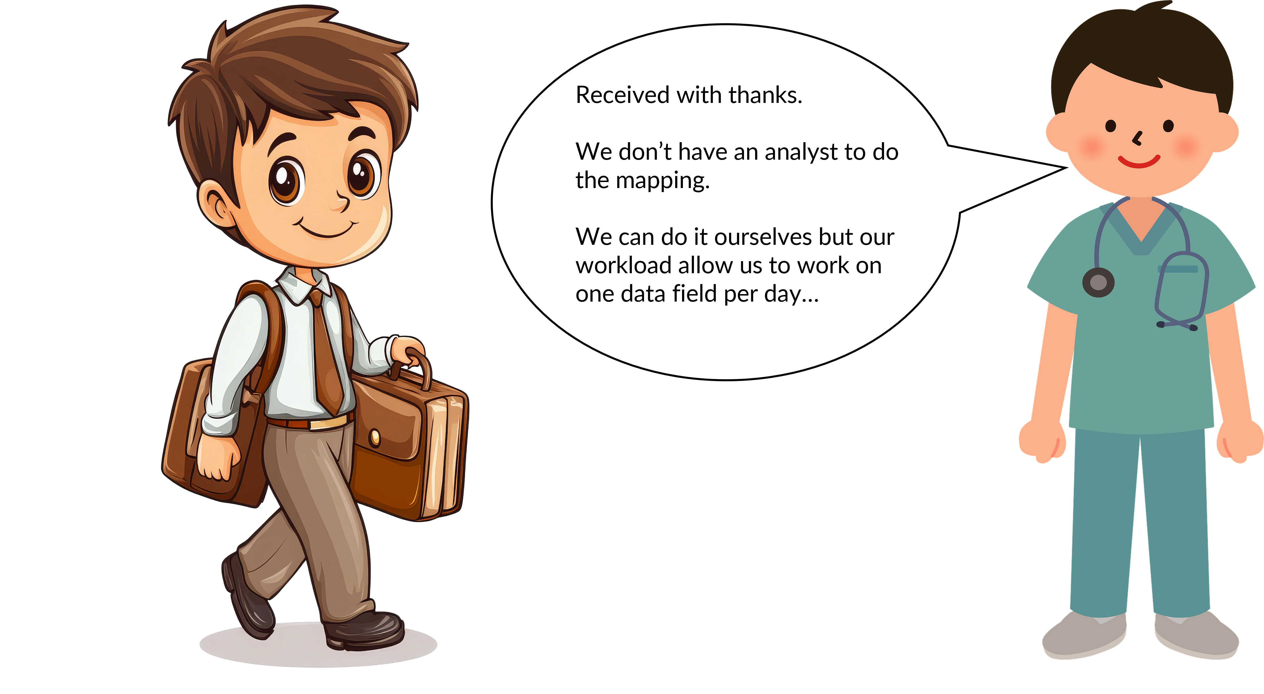 Figure showing the collaborator sharing that he does not have an analyst to do the mapping and warns that if his end were to do it himself, it will take a long time.