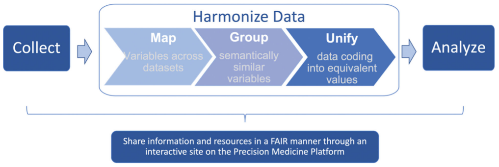 The data harmonization process: Study data variables collected from different sources need to be mapped to one another, classified into the generalized concepts they represent, and transformed into unified harmonized variables for analysis