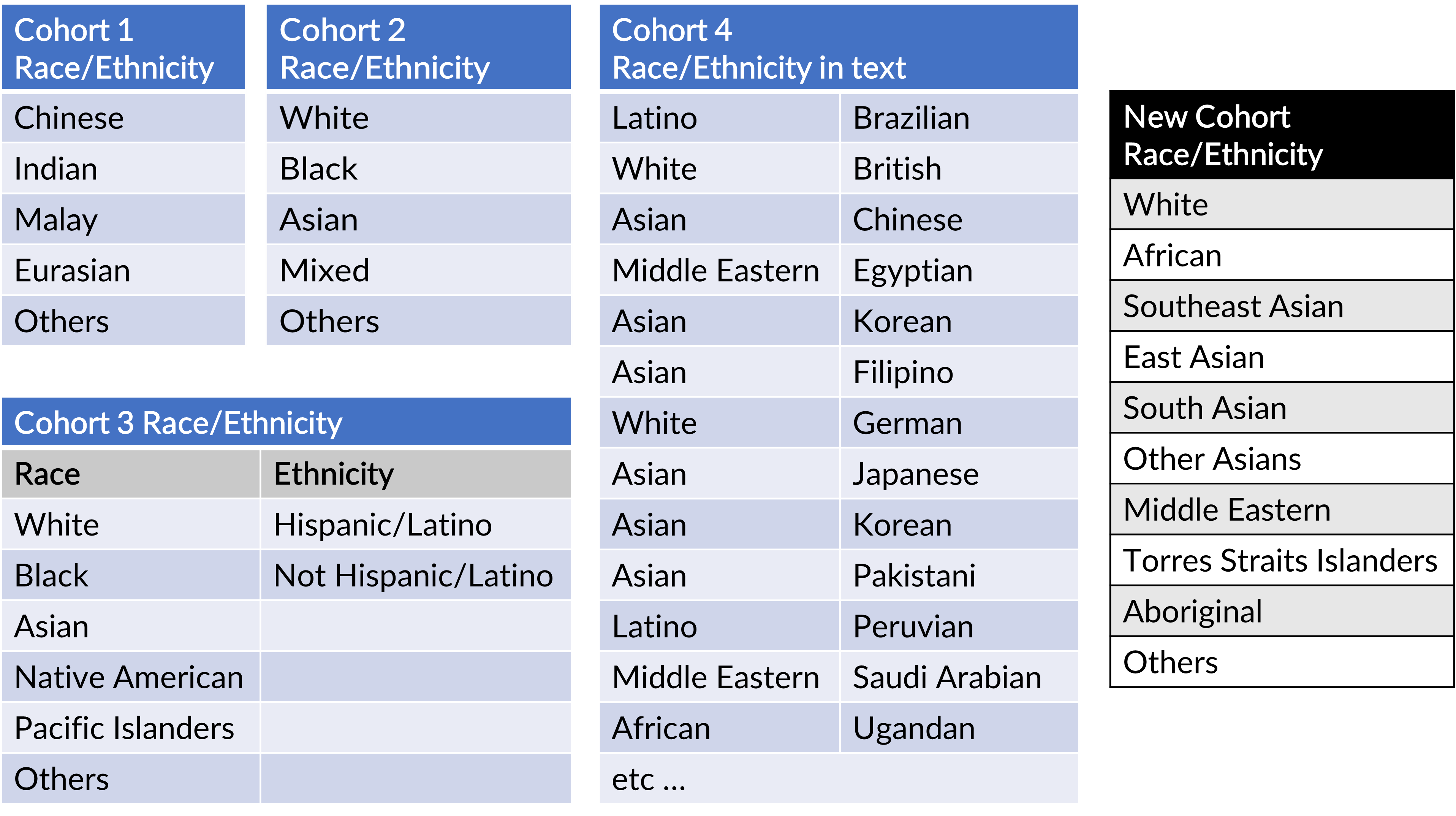 Figure showing different race or ethnicity grouping from different collaborators that it is impossible to plan race or ethnicity grouping.